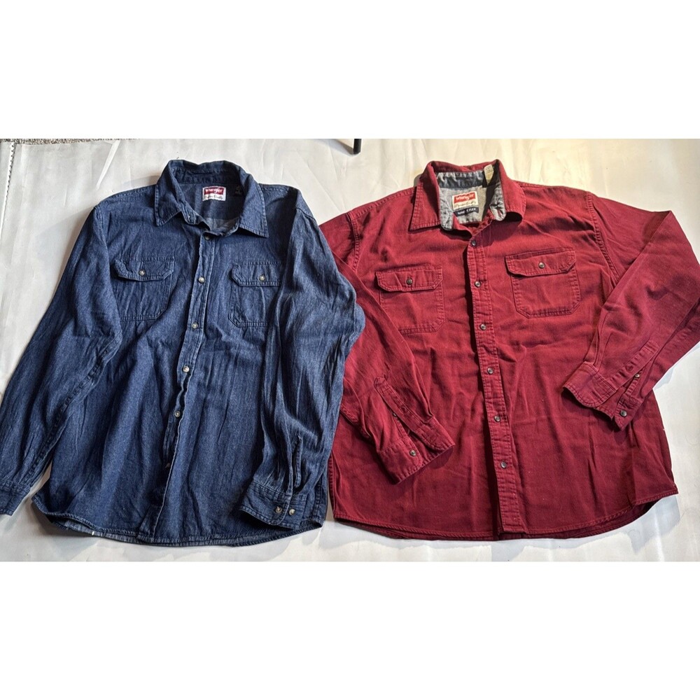 2 Wrangler Mens Button-Up Shirt L jean red Cotton Woven Solid L/S Pockets vtg